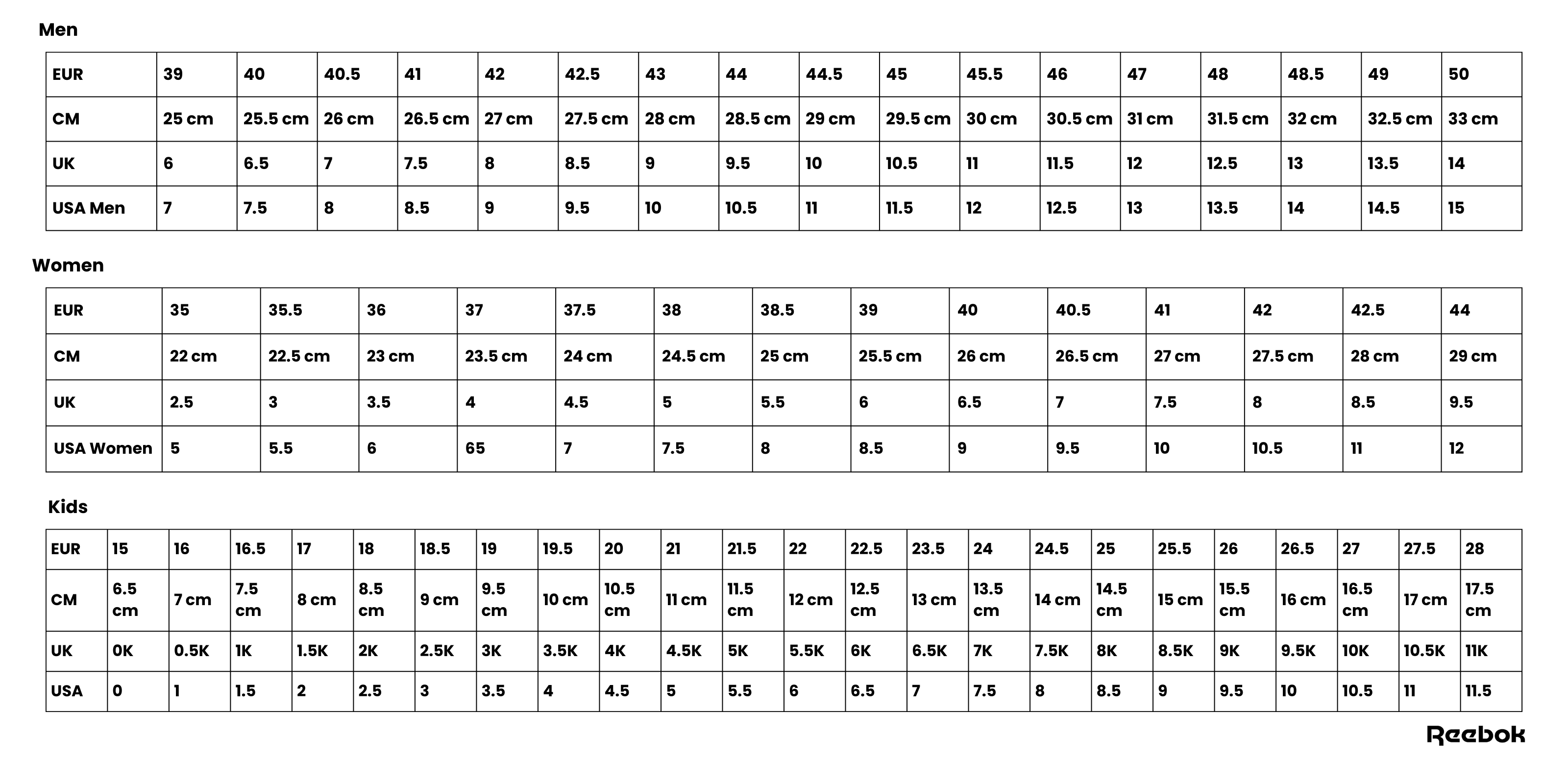 Reebok Footwear Size Chart