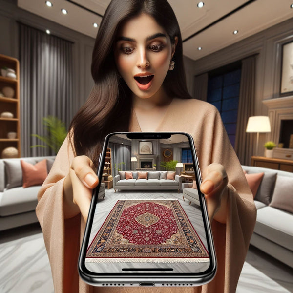 See it before its yours image showing pakistani housewife surprised holding a phone showing a rug with interior