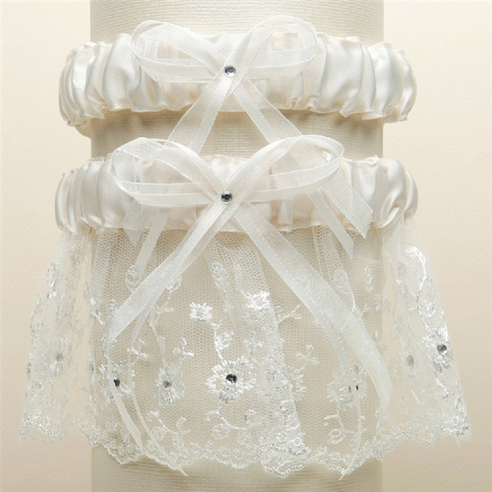 Embroidered Wedding Garter Set With Scattered Crystals Ivory