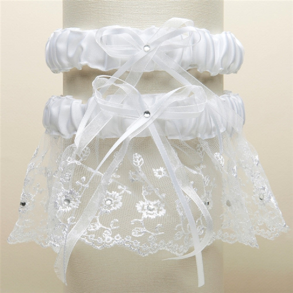 Embroidered Wedding Garter Set With Scattered Crystals White