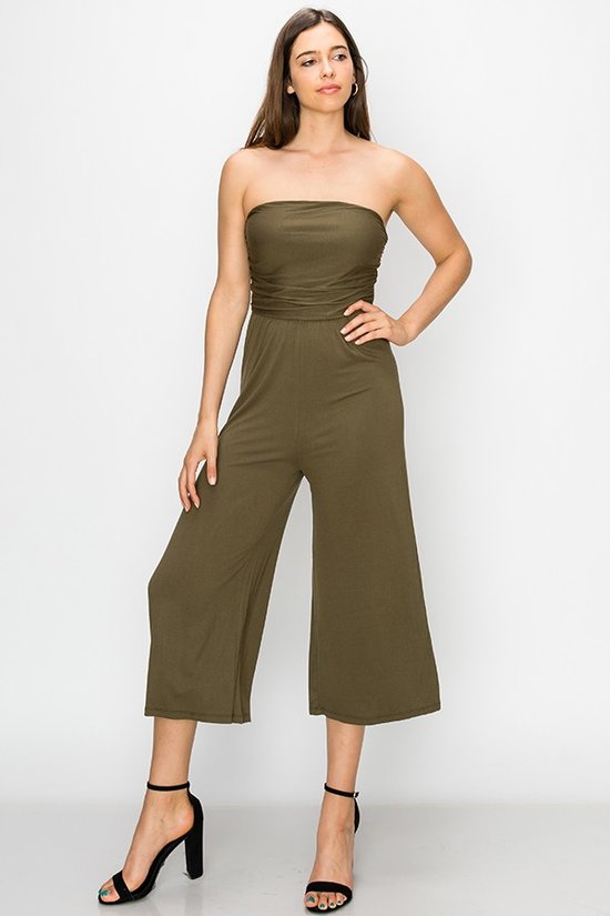 olive green strapless jumpsuit