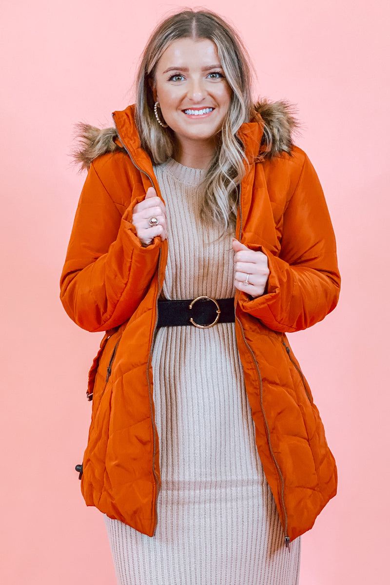 red winter coat with fur hood