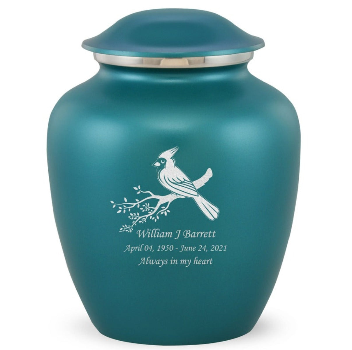 Grace Cardinal Custom Engraved Adult Cremation Urn for Ashes in Teal