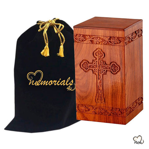 Solid Rosewood Cremation Urn with Hand-Carved Cross Design for Human Ashes
