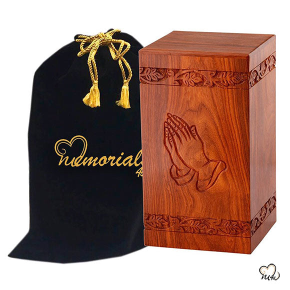 Solid Rosewood Cremation Urn with Hand Carved Praying Hand