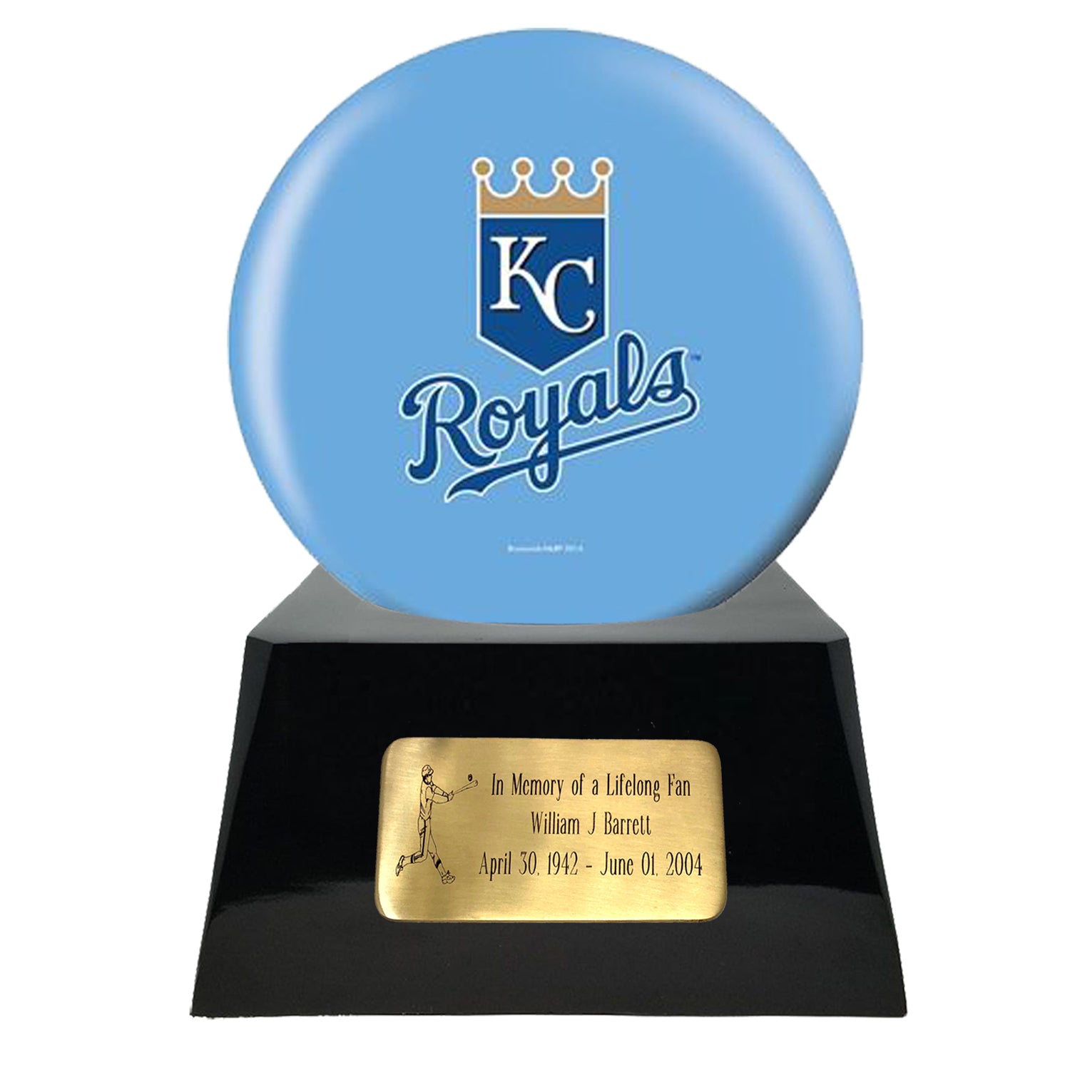 Baseball Cremation Urn And Kansas City Royals Ball Decor With Custom Metal Plaque Memorials4u
