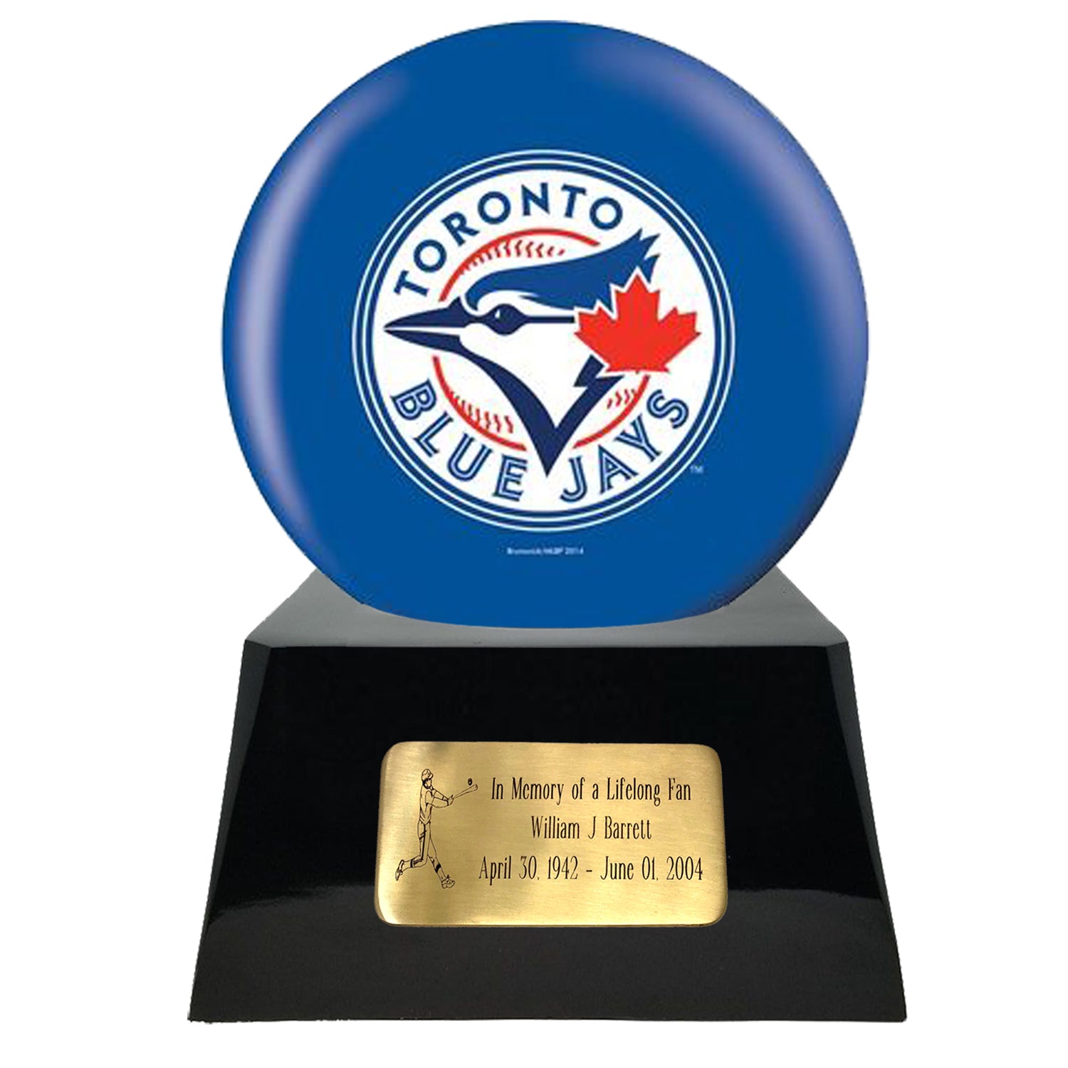 Baseball Cremation Urn And Toronto Blue Jays Ball Decor With Custom Metal Plaque Memorials4u