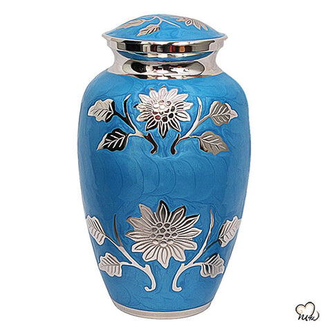 Sunflower Engraved Blue Brass Cremation Urn for Human Ashes
