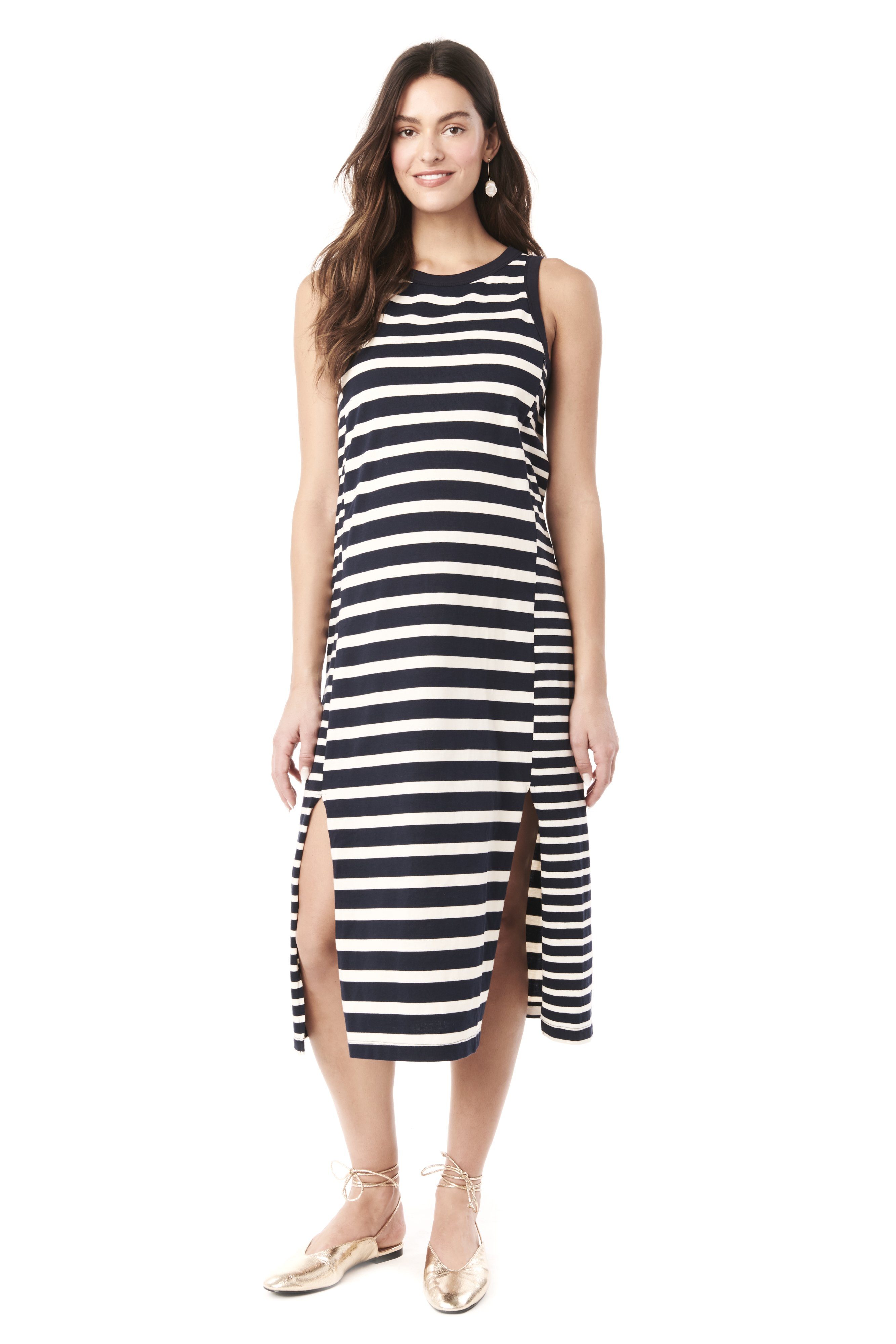 blue and white striped sleeveless dress