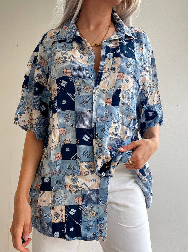 Chemise Vintage 80/90s bleue à motifs
