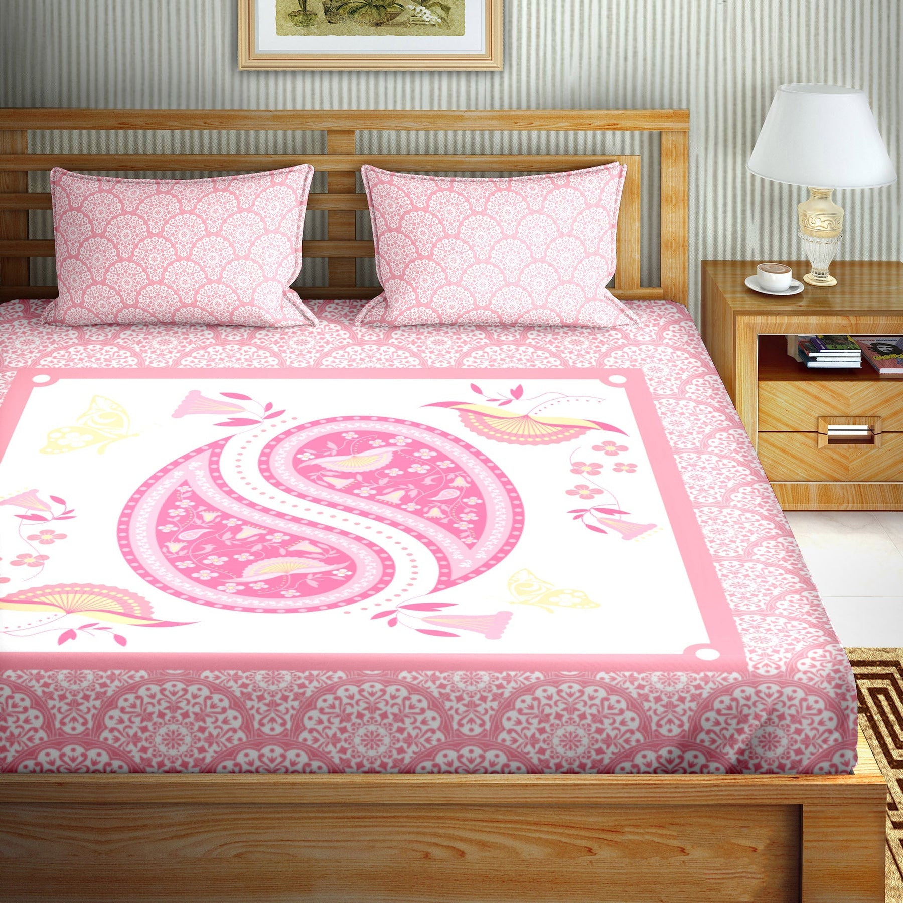 Bella Casa Fashion & Retail Ltd  100 % Cotton Pink Colour  Super King Size Bedsheet with 2 Pillow Covers - Aster Collection