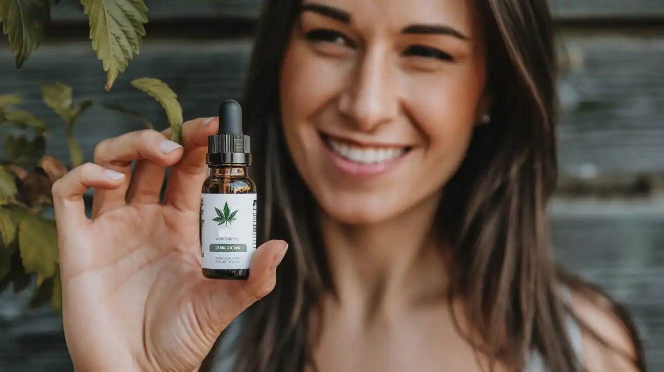 bei-welchen-krankheiten-hilft-cannabidiol Lächelnde Frau hält CBD Öl Fläschchen in der Hand