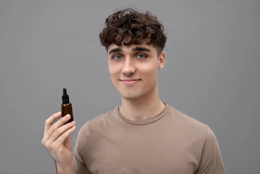 Junger Mann hält CBD Öl Fläschchen in Hand