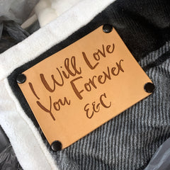 Laser Engraved Leather Blanket Tab - Personalized Message, Custom font