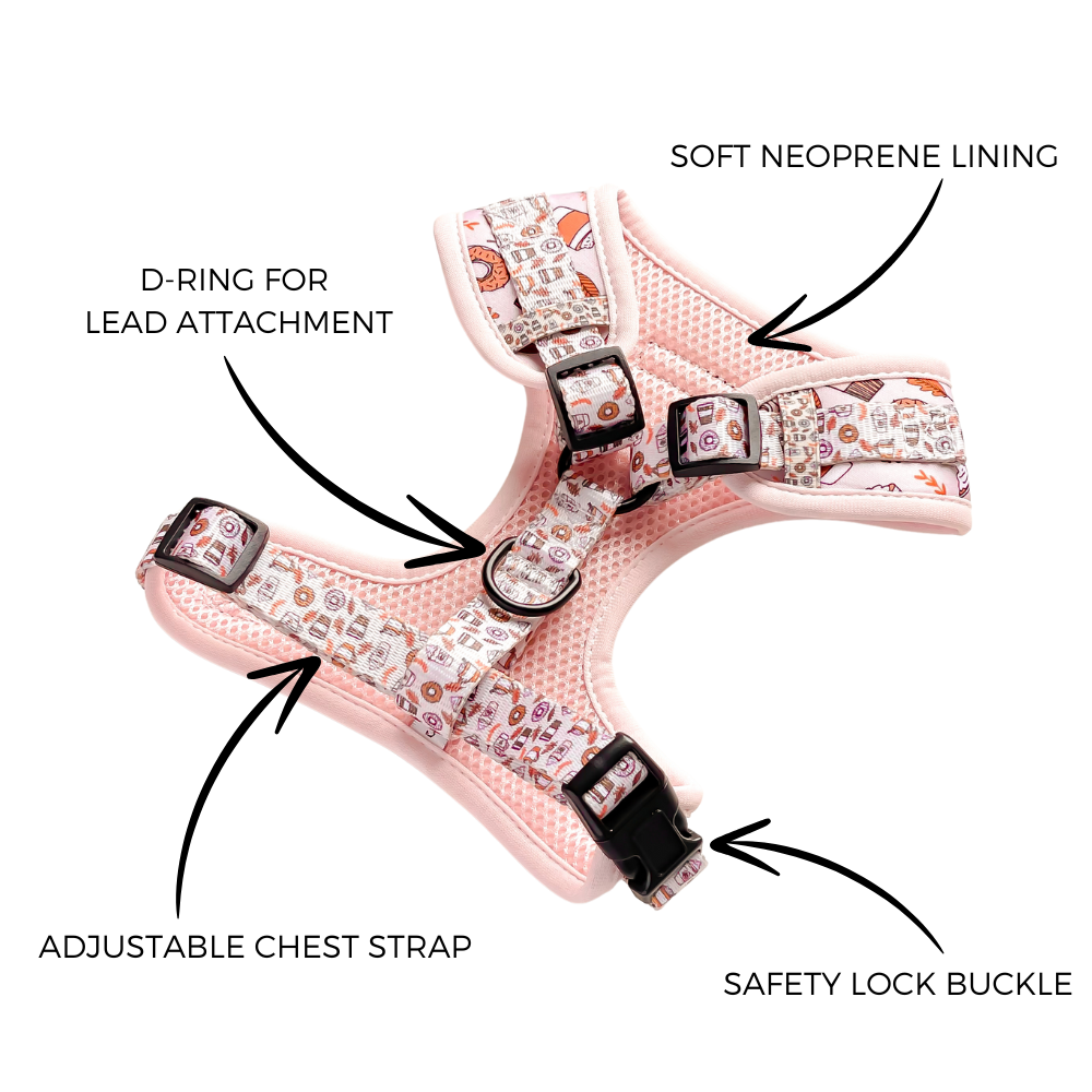 Pink dog harness with adjustable straps, safety lock buckle, D-ring for leash, and soft neoprene lining.