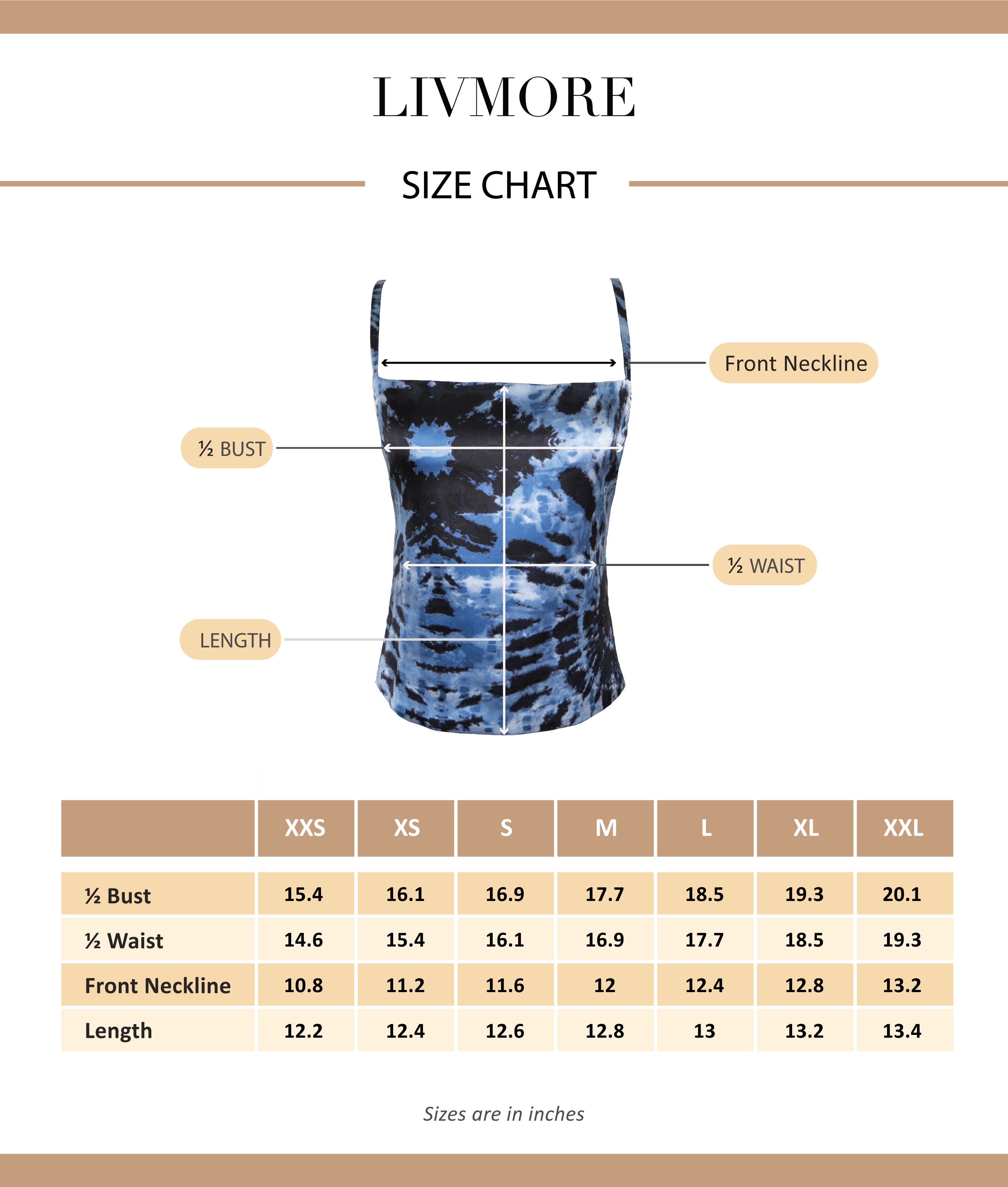 Blue tie-dye size chart