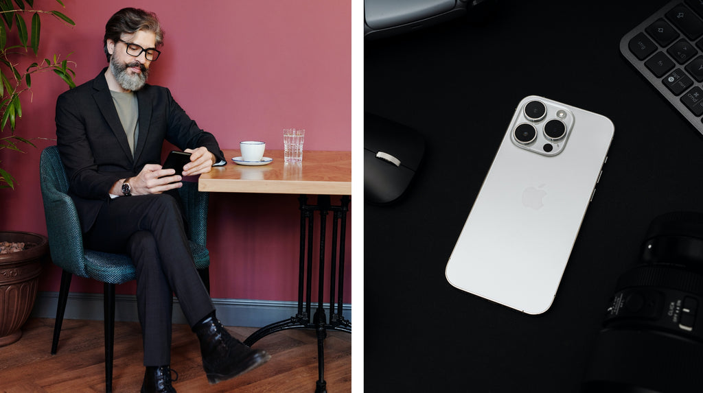 split screen with business man on smartphone at a coffee shop beside a white iPhone on a black table