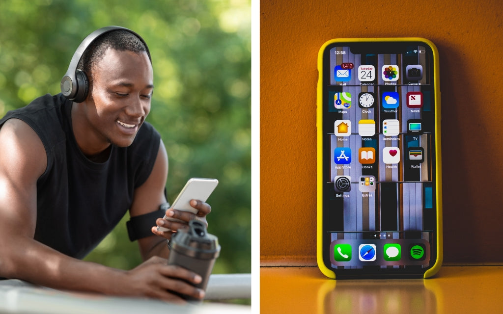 Split-screen of young athletic man outside holding a smartphone and an iPhone screen in a yellow phone case