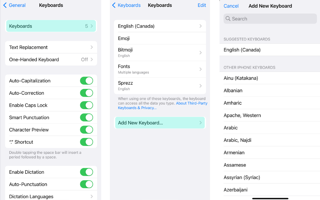 Screenshots of how to access your keyboard settings on your iPhone