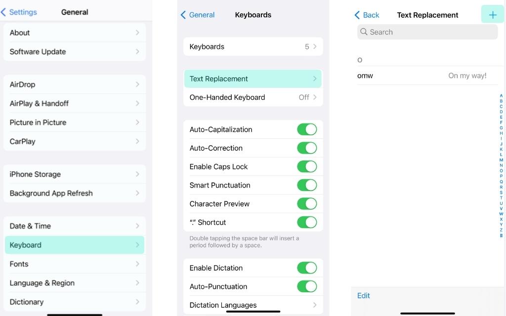 Screenshots of how to enable keyboard shortcuts on your iPhone