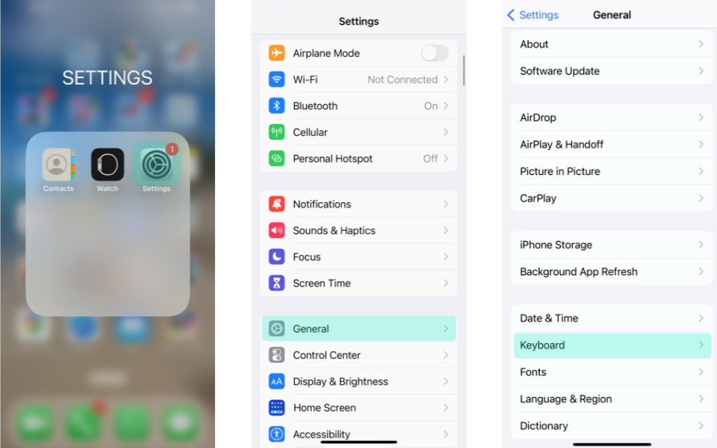 Screenshots of how to access your keyboard settings on your iPhone