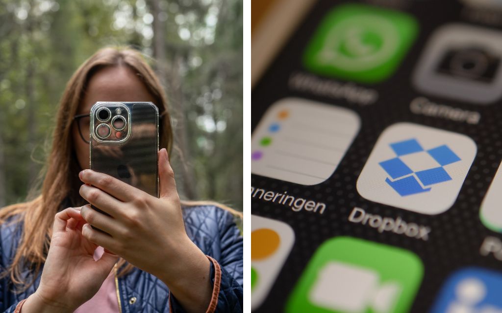 Split screen - woman holding smartphone and closeup of smartphone display - Frank Mobile