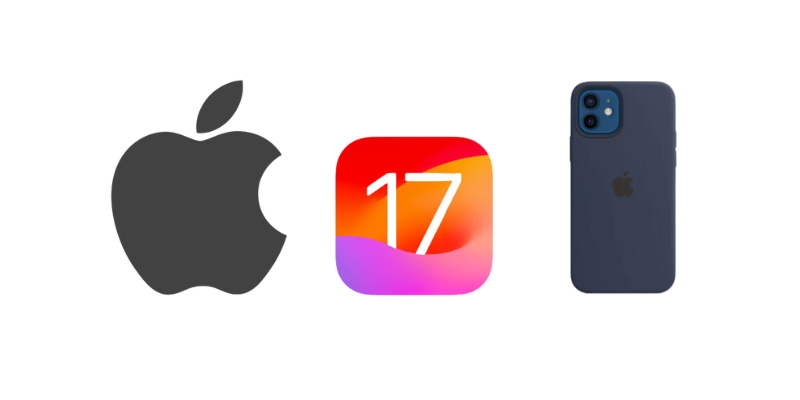 The Apple logo, the iOS17 logo and an Apple iPhone in a row