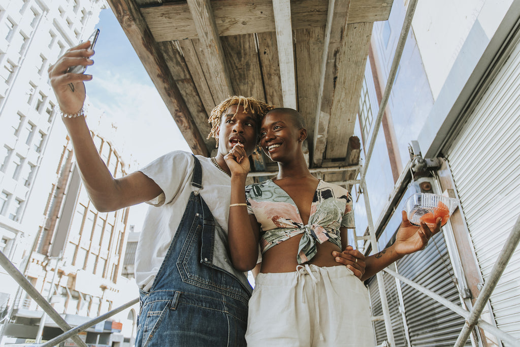 Cool urban couple take selfie under scaffolding Frank Mobile Blog