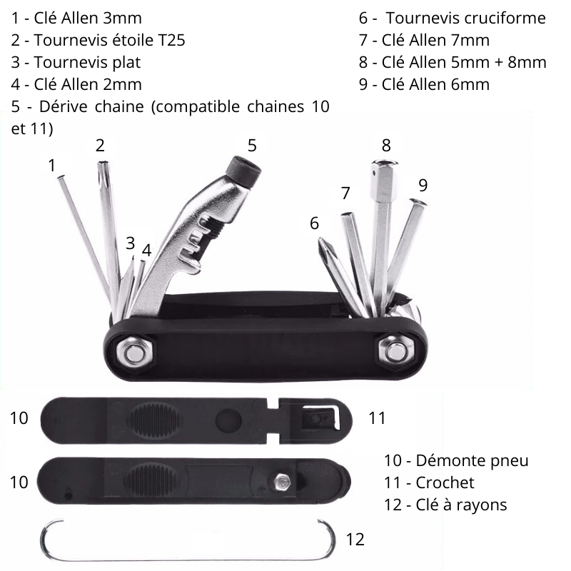 Kit d'outils de réparation pour vélo multifonction 12 en 1 - contenu