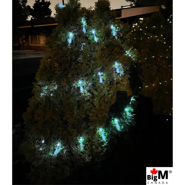 Night view image of BigM raindrop-shaped cool white outdoor solar string lights glow brilliantly at night