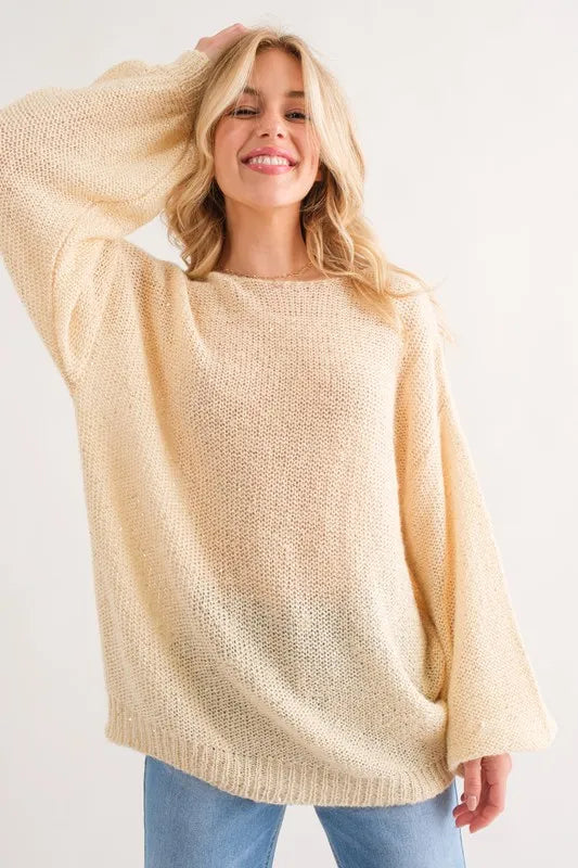 And The Why Glitter On Knit Sequined Light Weight Pullover Sweater in Cream
