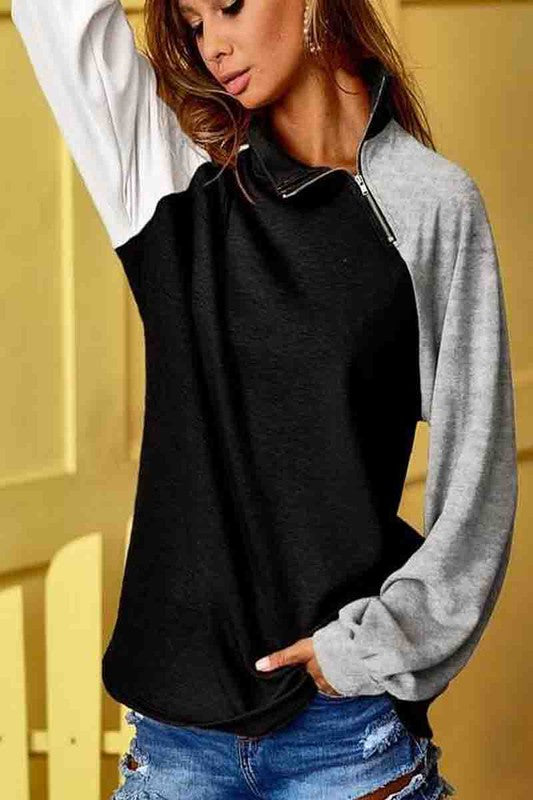 BLACK FRENCH TERRY KNIT SIDE ZIP SWEATER