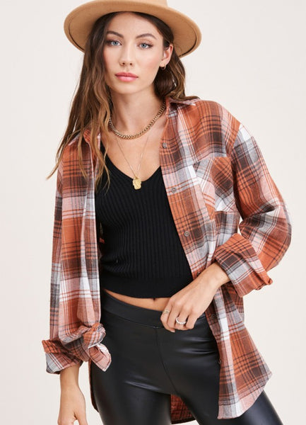 BROWN AND RUST CLASSIC PLAID BUTTON UP