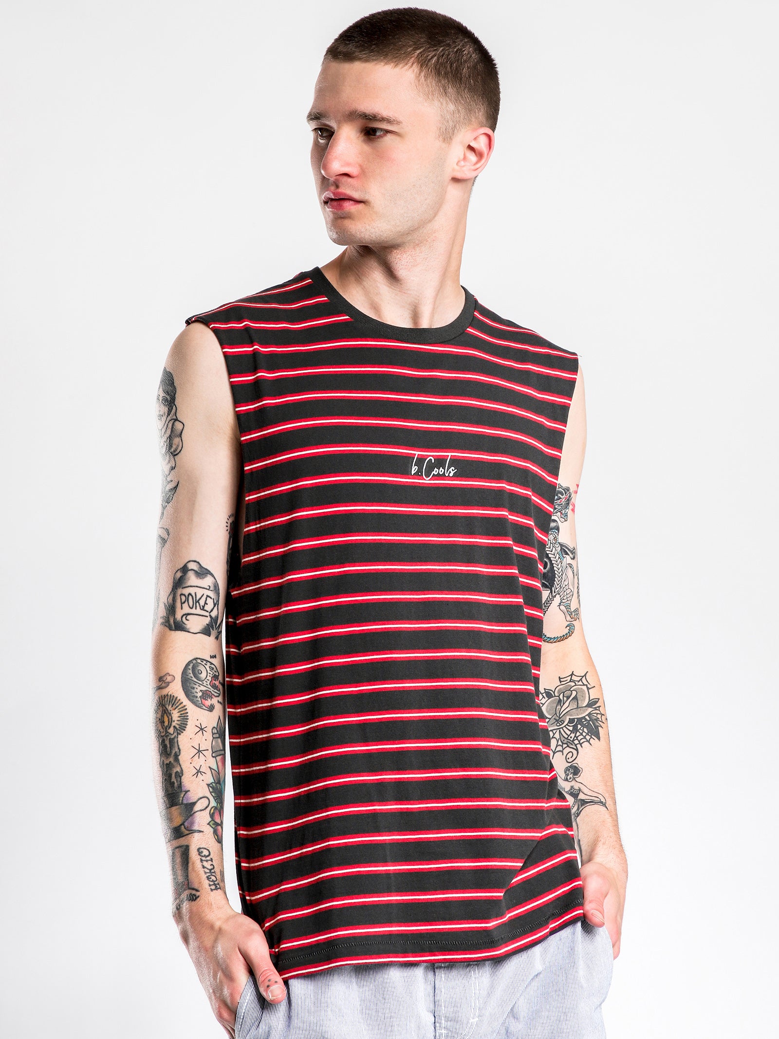 B Cools Muscle T-Shirt in Black & Red Stripe