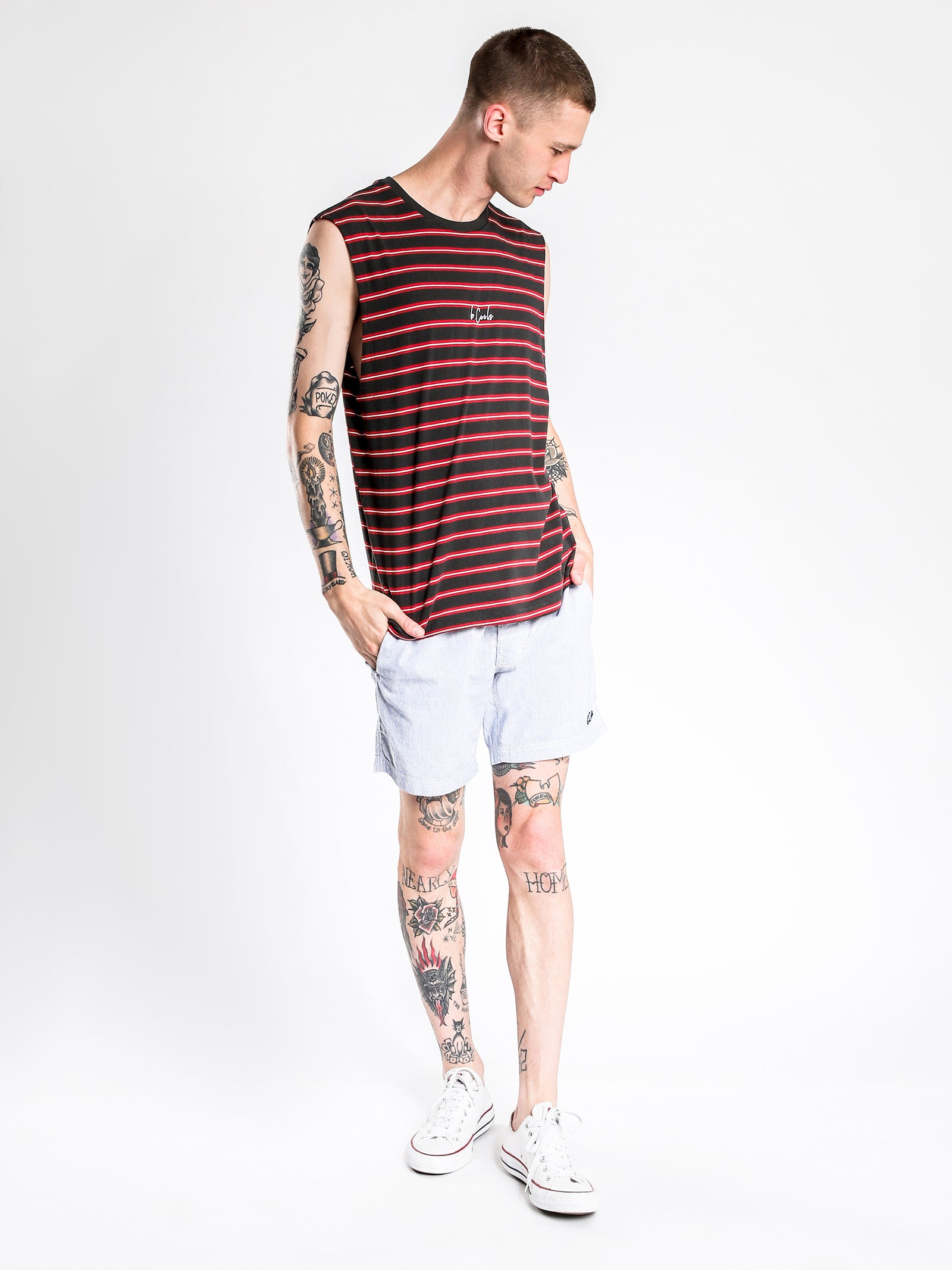 B Cools Muscle T-Shirt in Black & Red Stripe