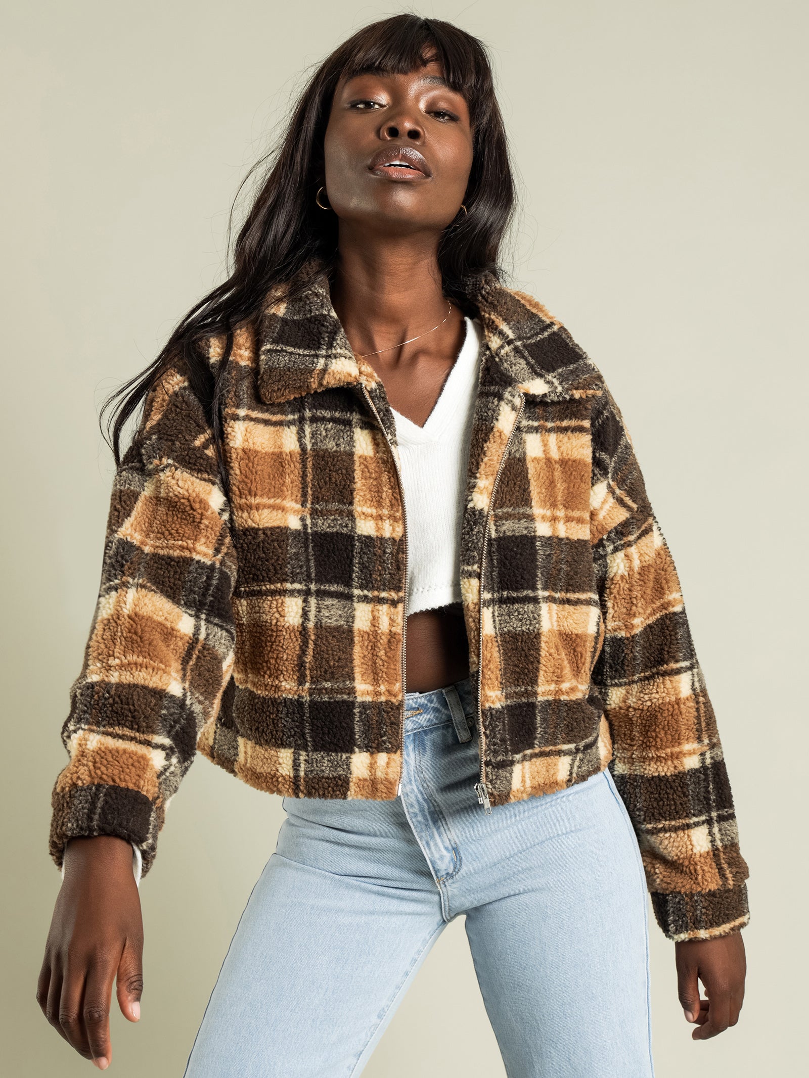 Asha Plaid Teddy Jacket in Tan