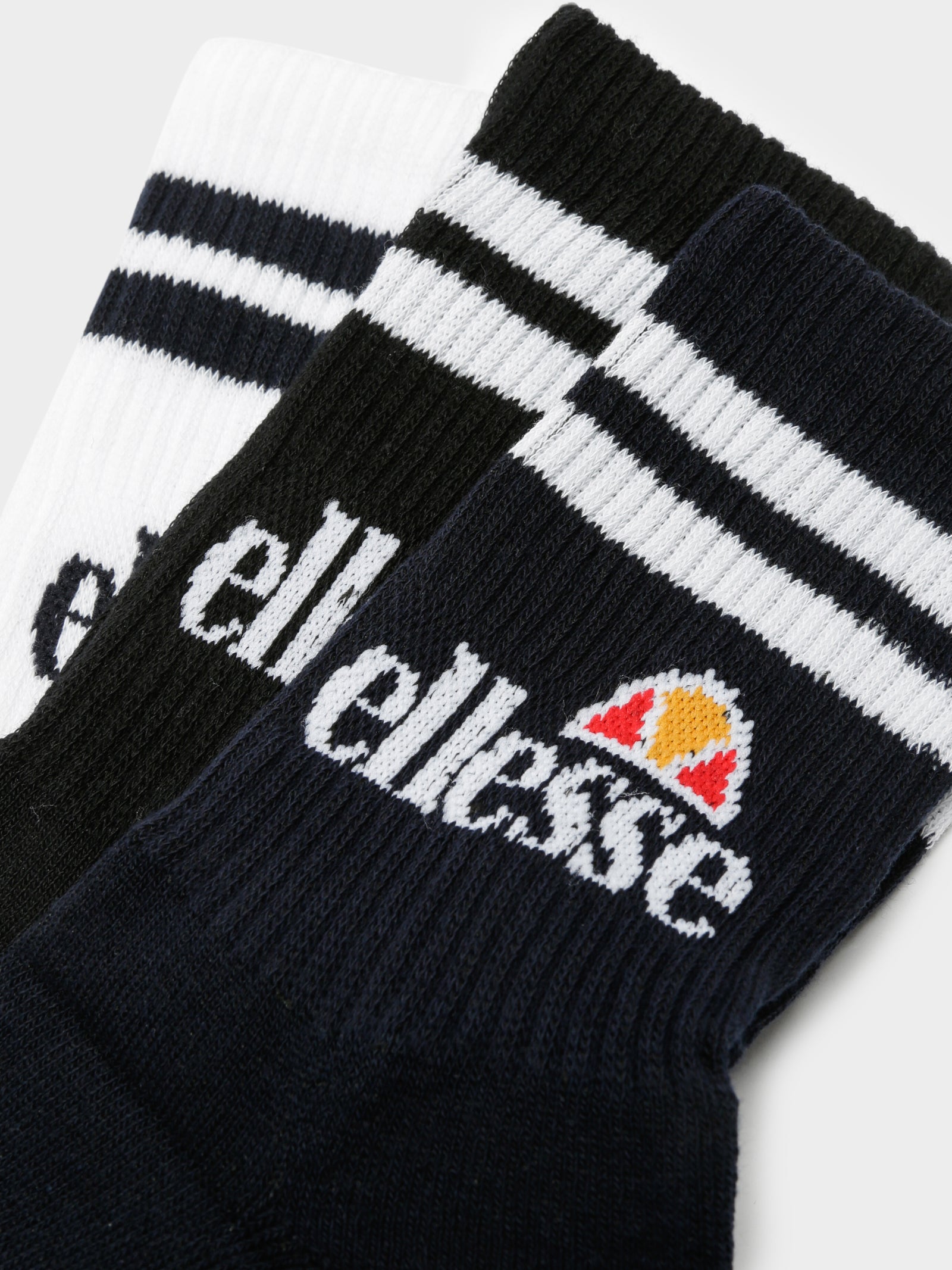 3 Pairs of Pullo Stripe Crew Sock in Navy, Black & White