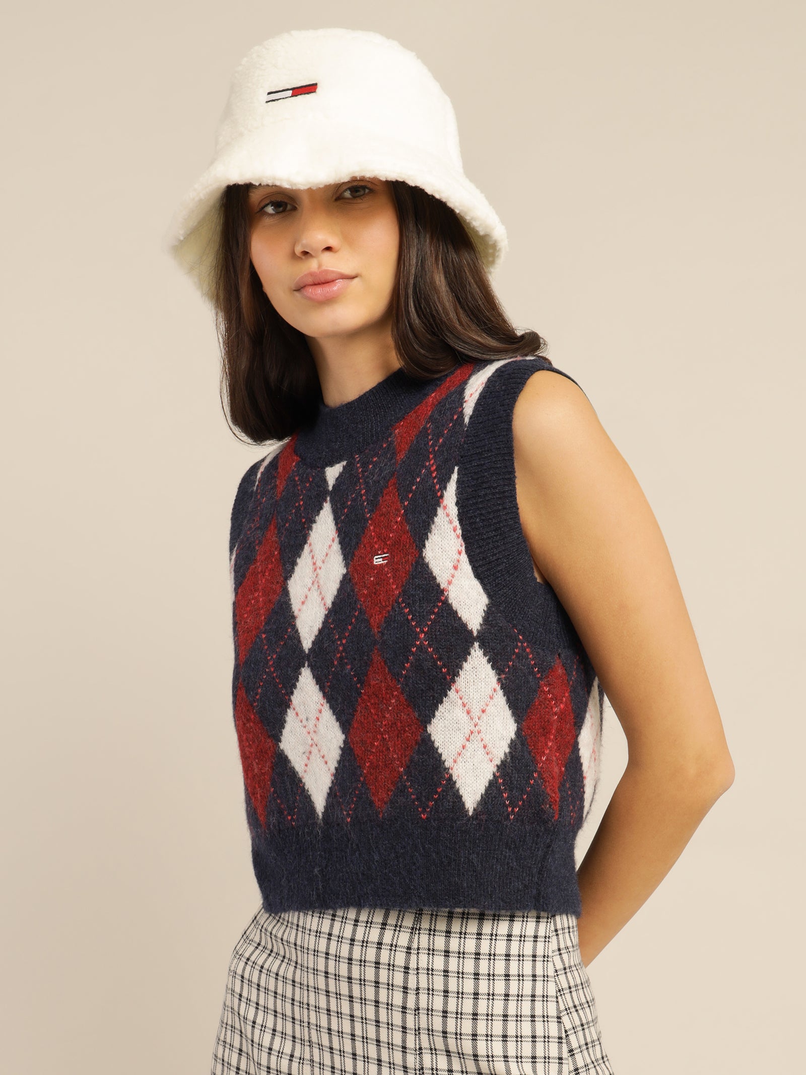 Argyle Cropped Vest in Twilight Navy, Red & White