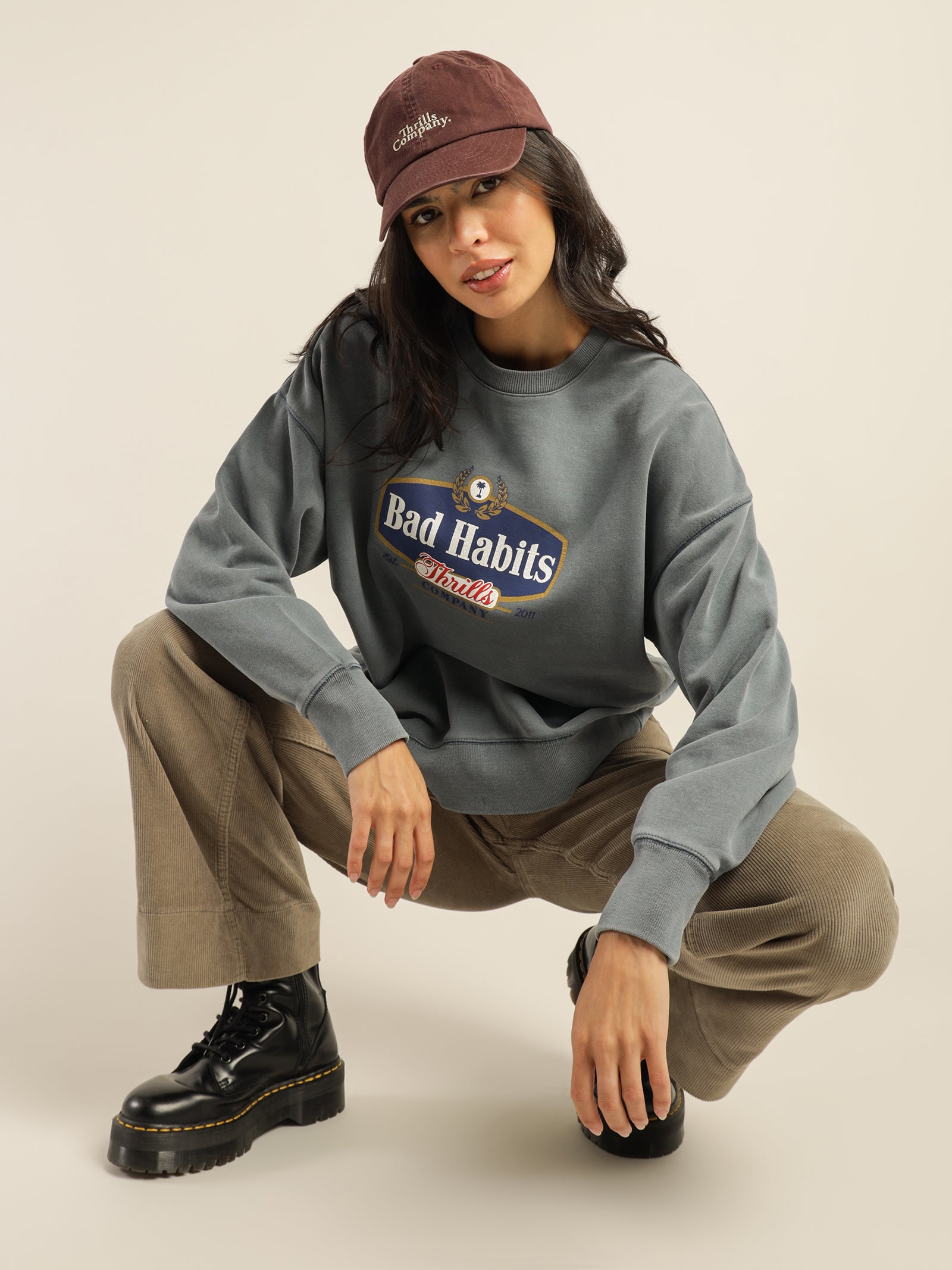 Bad Habits Die Hard Slouch Crew in Airforce Blue