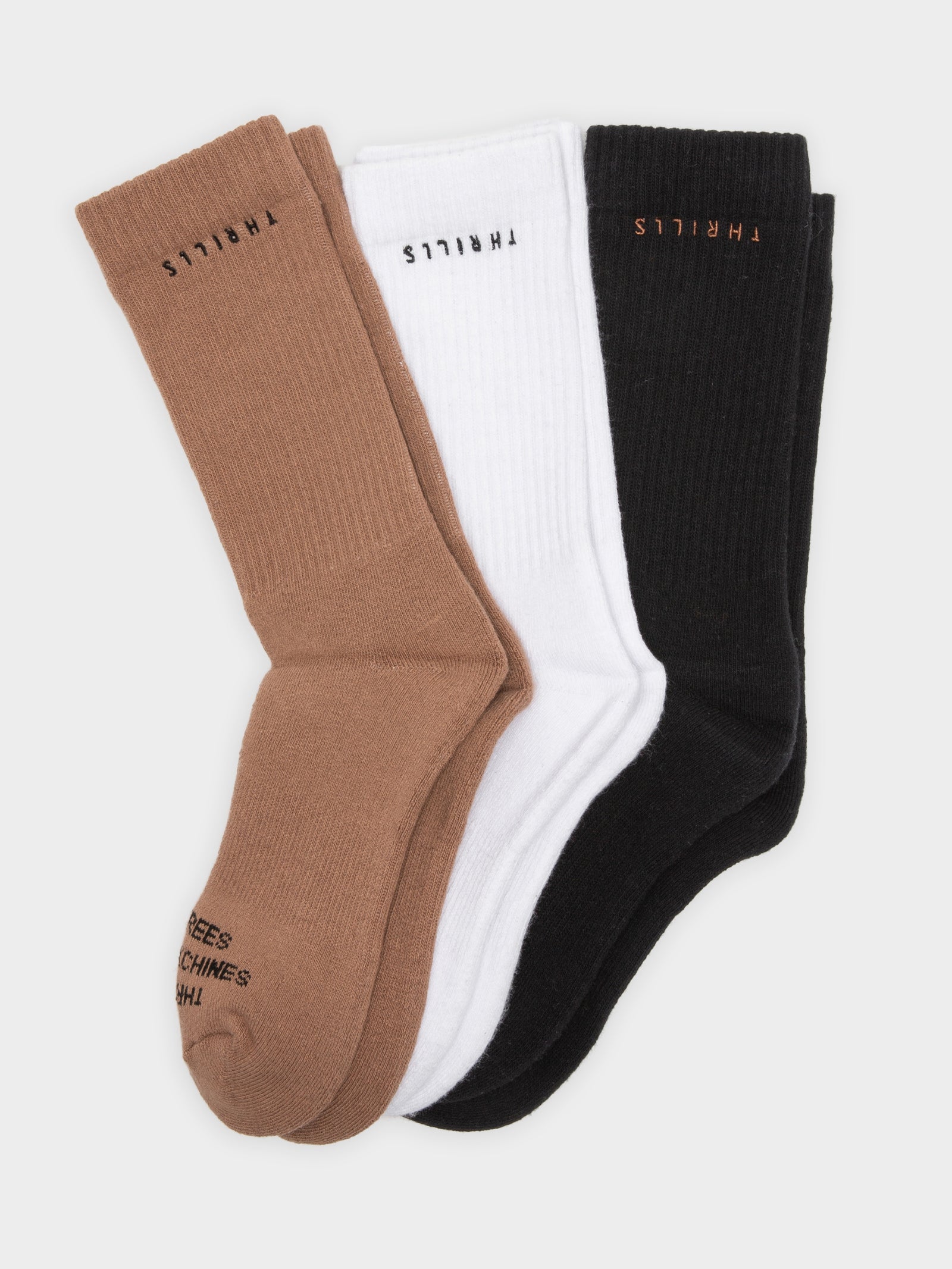 3 Pairs of Minimal Thrills Crew Socks in Brown, White & Black