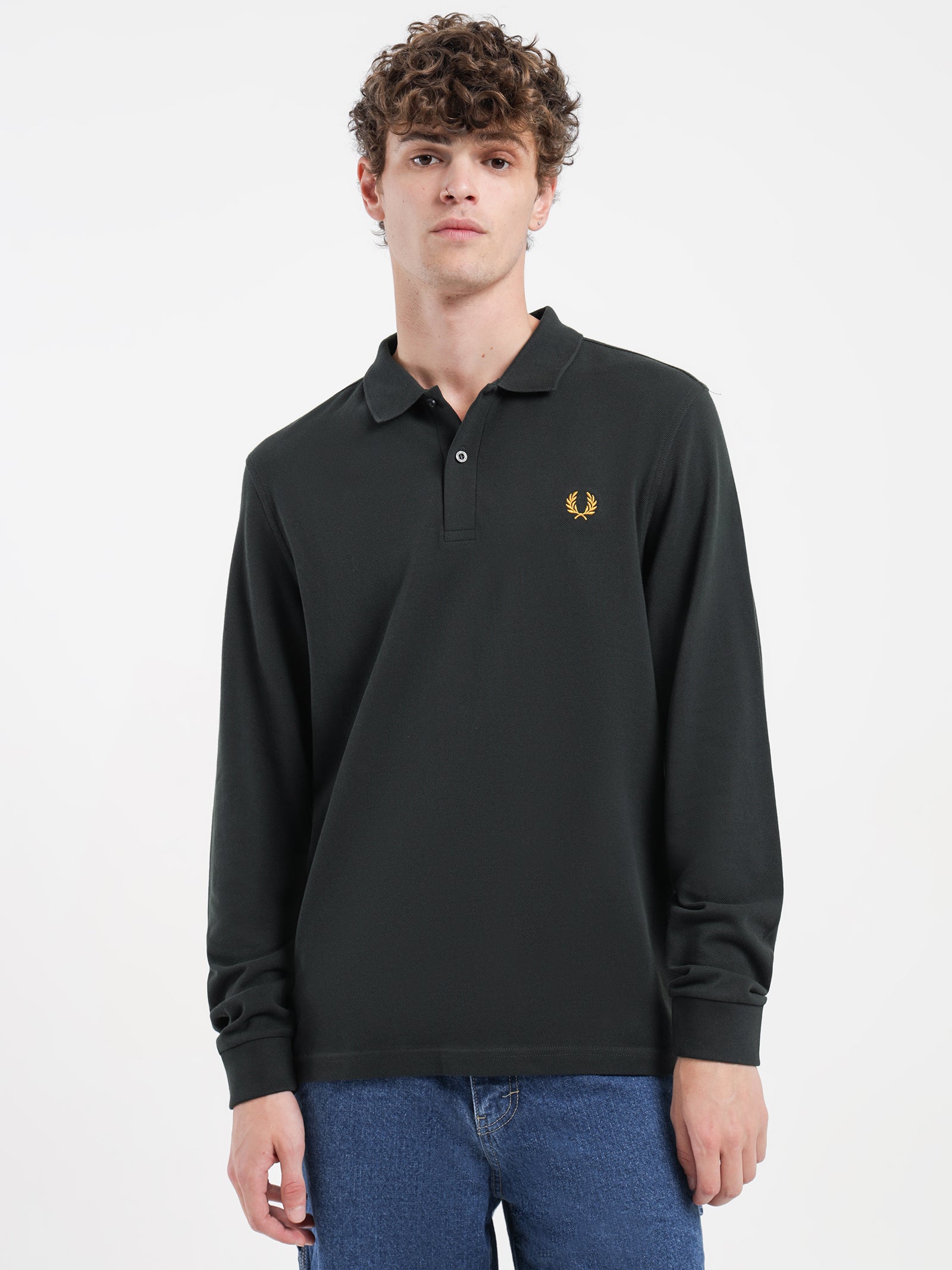 Long Sleeve Plain Polo Shirt in Green - Glue Store