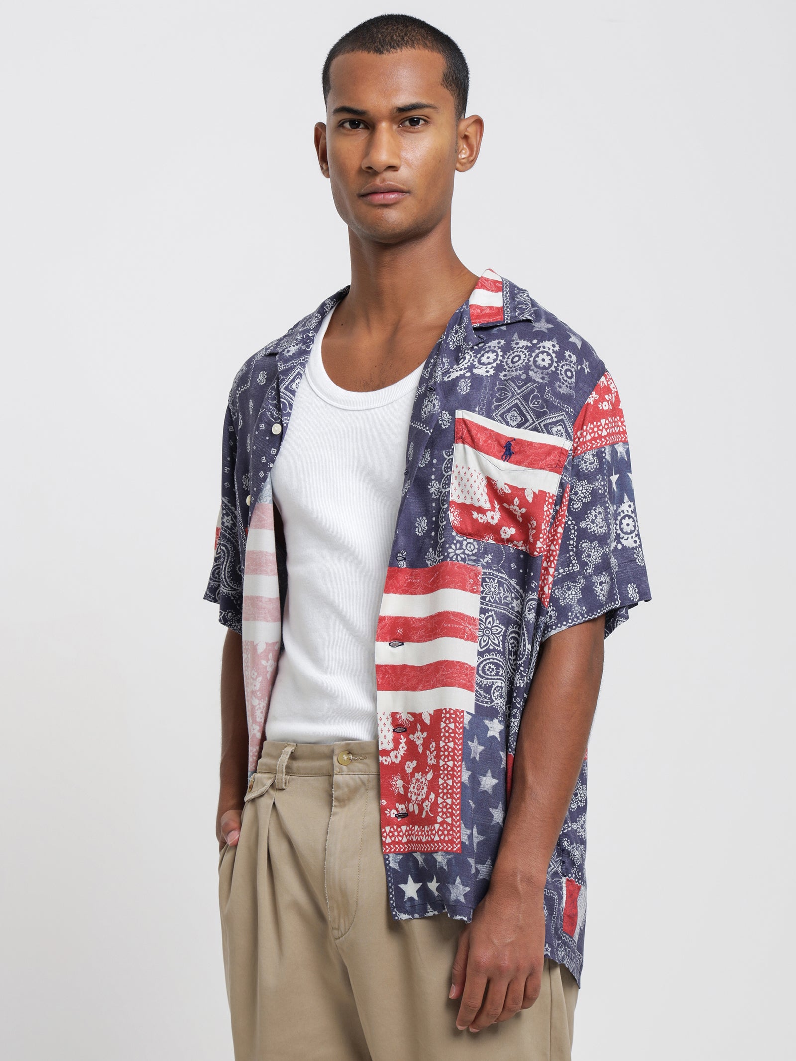 Bandana Patchwork Print Vacation Shirt in Navy