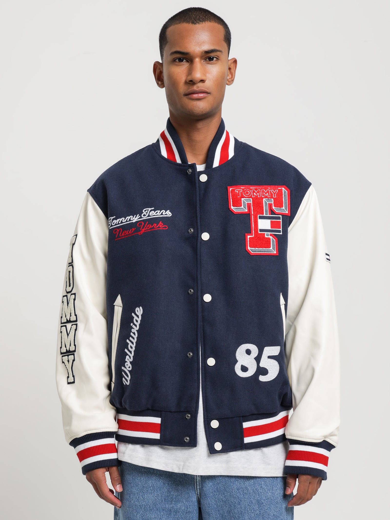 College Relaxed Baseball Letterman Jacket in Navy - Glue Store