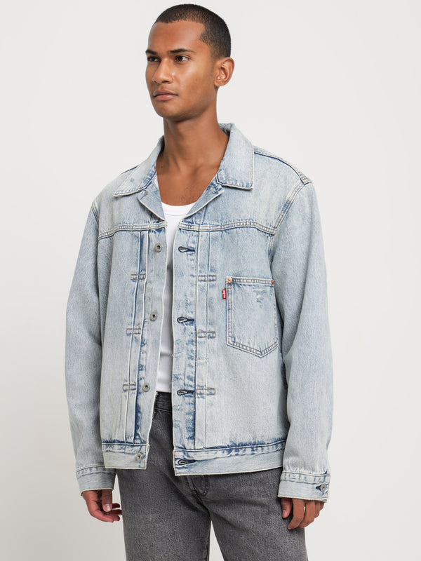 Type 1 Trucker Denim Jacket in Light Indigo Worn In Blue - Glue Store