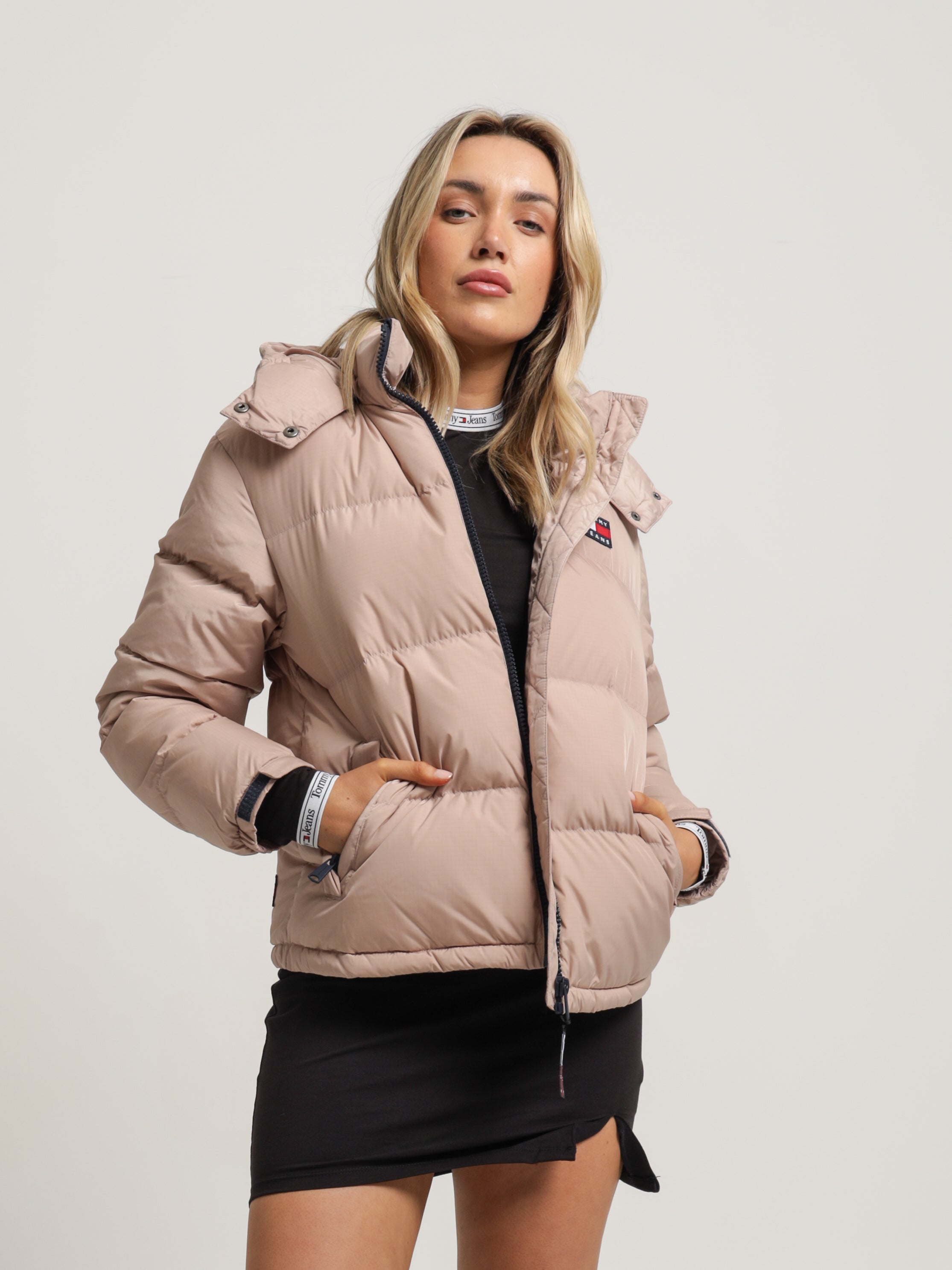 Badge Hooded Alaska Puffer Jacket in Warm Stone