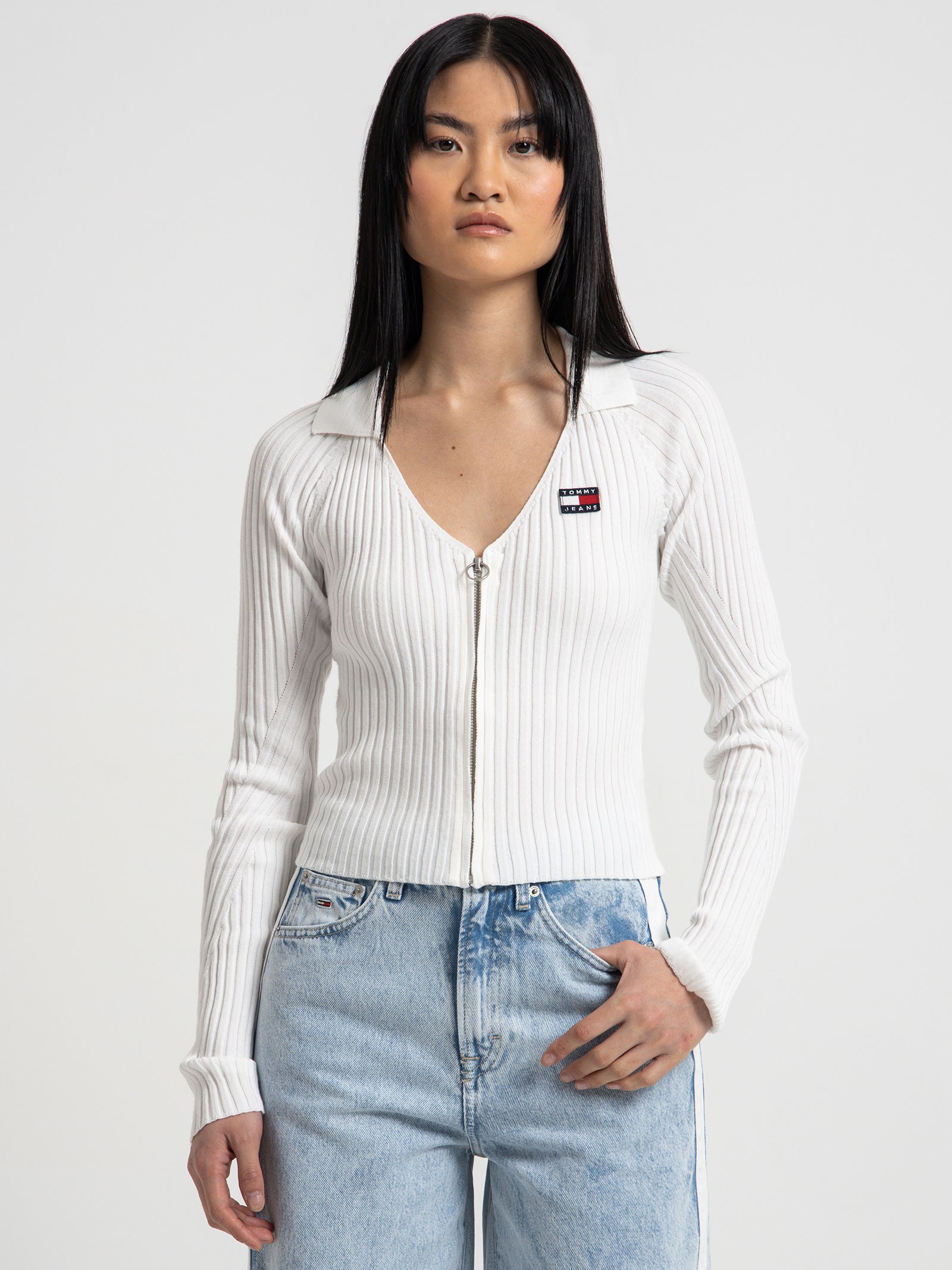 Badge Ribbed Zip Through Cardigan in Ancient White