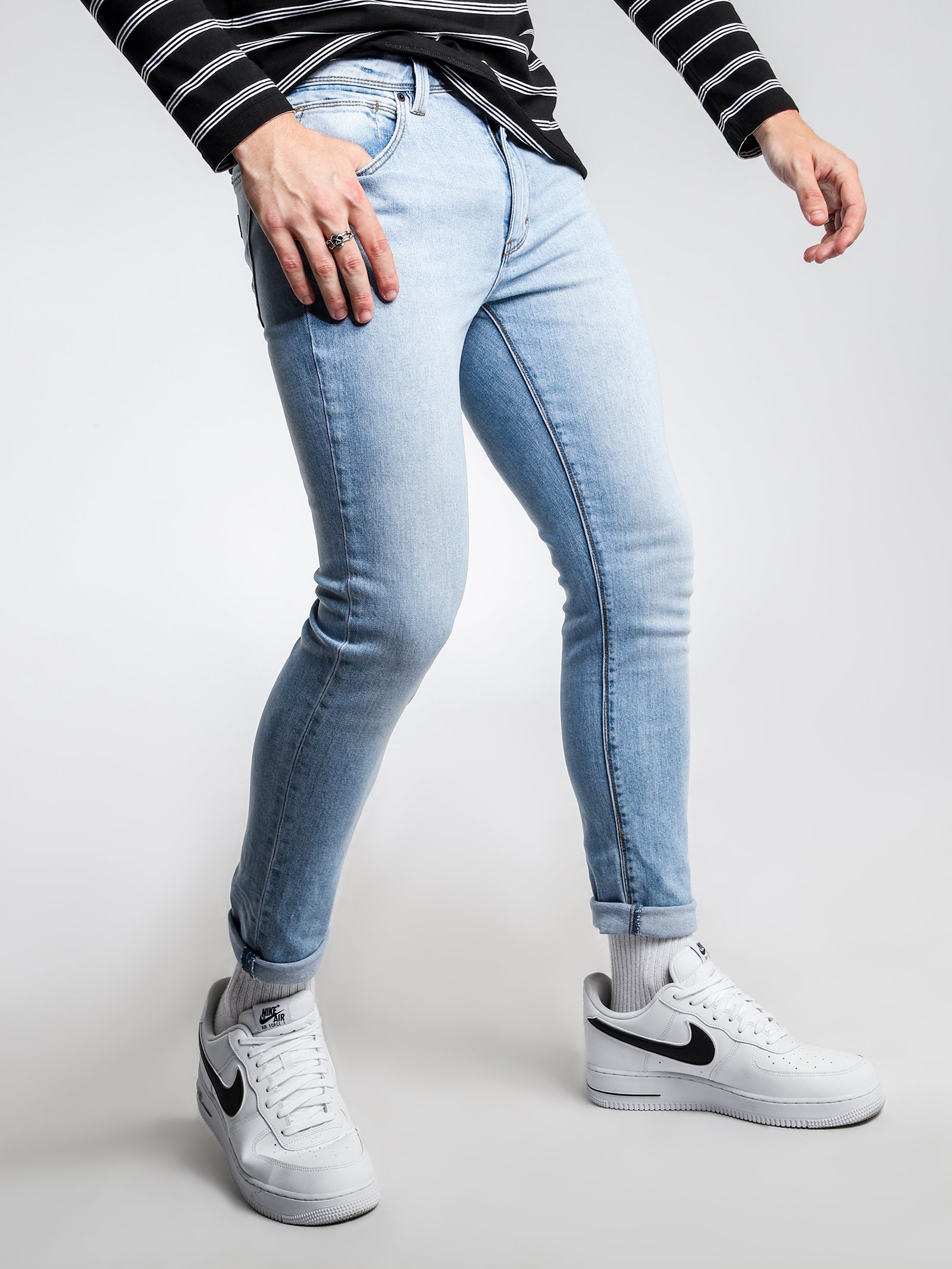 A Dropped Skinny Turn Up Jean in Street Blue Denim