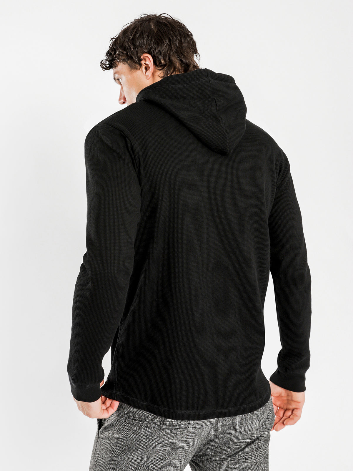 Jax Waffle Long Sleeve Hoodie in Black - Glue Store