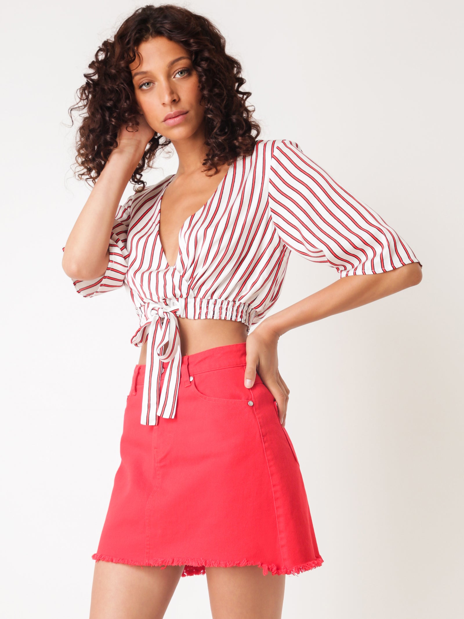 Alert High-Waisted A-Line Skirt in Red Denim