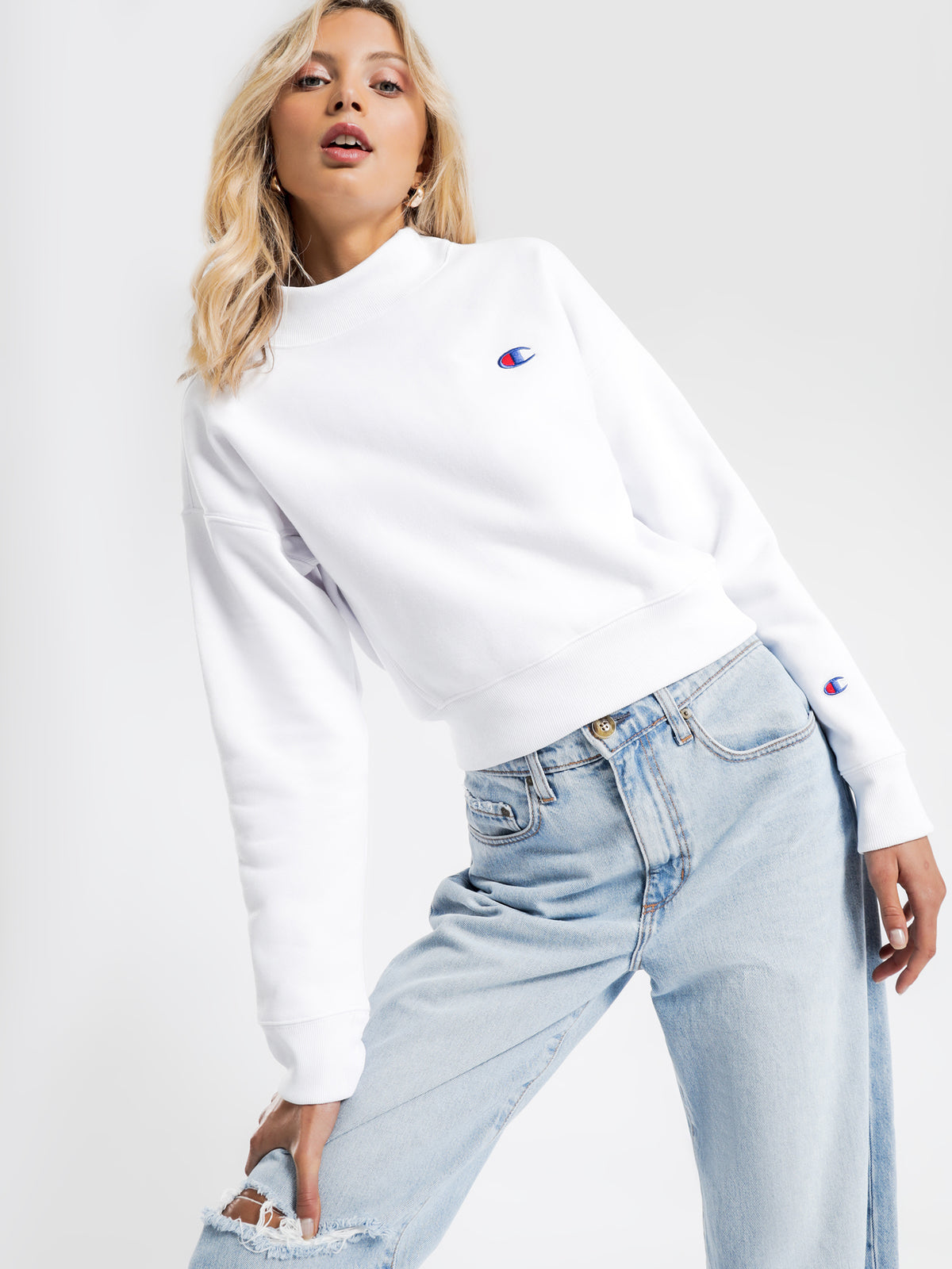 Reverse Weave Cropped Mock Neck Sweater in White - Glue Store